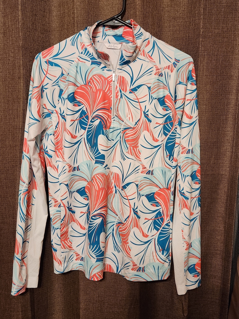 Lady Hagen Long Sleeve Floral Zip-Up Top in Coral, Teal & Navy - NWOT